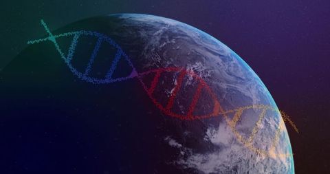 Arcing Multicolored DNA Helix Crossing Earth Limb in Orbit, Futuristic Genetic Concept