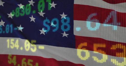 American flag overlaid with stock market ticker and financial data