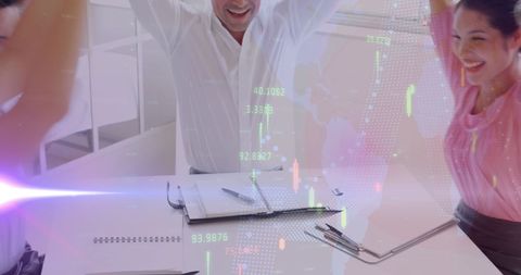 Business Team Celebrating with Data Visualization Success