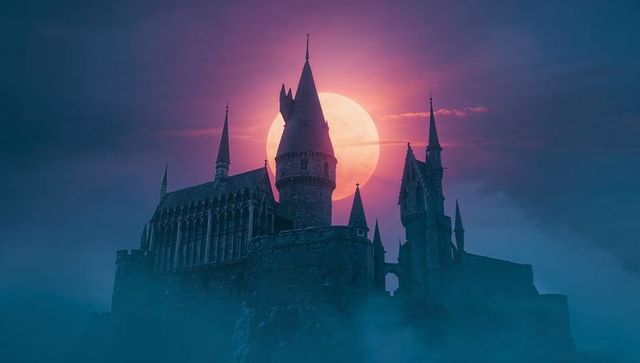 Gothic castle silhouette with full moon halo fantasy scene