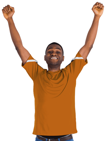 Cheerful Black Sports Fan Raising Arms in Victory Isolated on Transparent Background