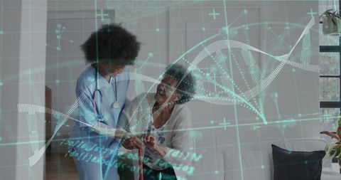 Black caregiver helping elderly woman at home with dna data overlay conveying personalized care