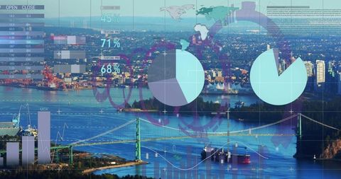 Data overlays on waterfront cityscape of suspension bridge