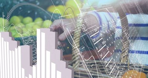 Relaxing man using smartphone with augmented reality financial overlays and data charts