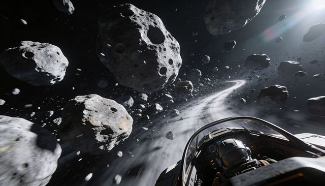 Pilot navigating starship through asteroid belt near icy ring, cockpit motion blur