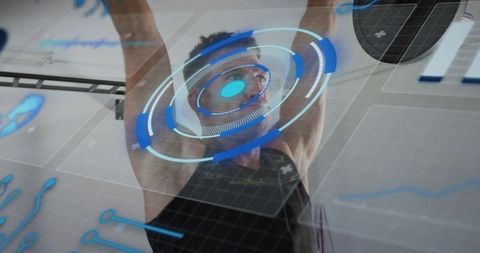 Athlete performing pull-up with futuristic hud overlay in high-tech gym