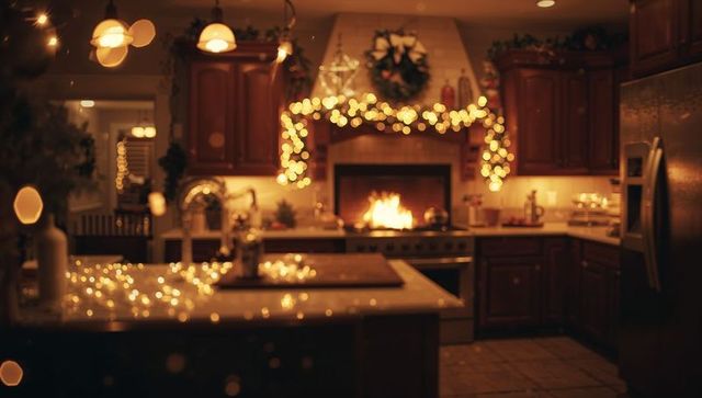 Cozy holiday kitchen glowing with string lights, fireplace and wreath over island