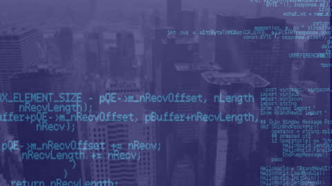 Digital Code Overlay on Modern Cityscape