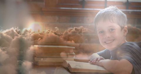 Whimsical imaginary journey of joyful child reading