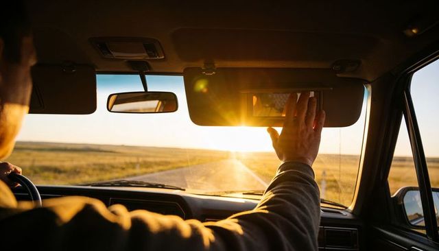 Adjusting sun visor while driving into sunset on open prairie highway during golden hour