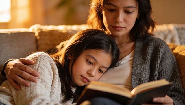 Mother and daughter reading together on couch sharing cozy evening bonding moment
