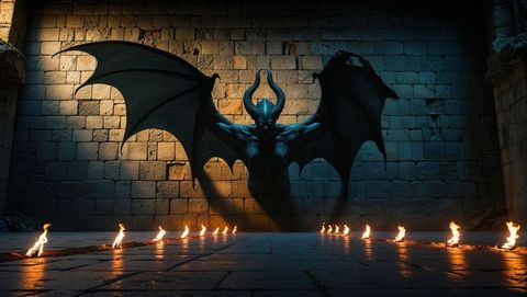 Mythical winged demon in gothic dungeon