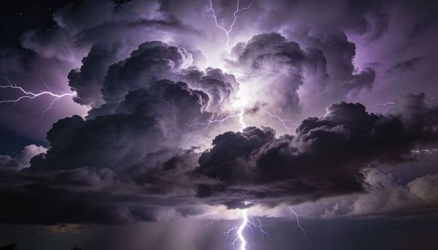 Violet lightning striking through towering cumulonimbus clouds over night sky