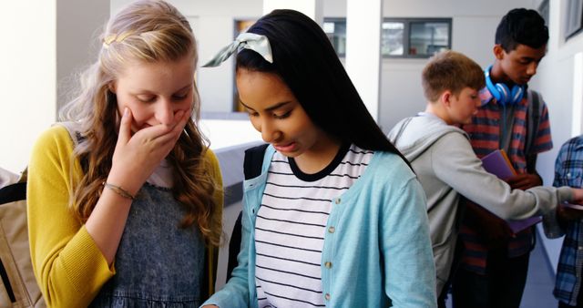 Teen Friends Whispering and Reading at School - Download Free Stock Images Pikwizard.com