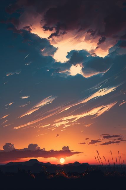 Depicting a dramatic sunset with vibrant colors dominating the sky as the sun sets behind mountains. The clouds appear illuminated with streaks of sunlight, enhancing the beauty of the twilight scene. Ideal for use in backgrounds, nature themes, travel promotions, or motivational imagery.