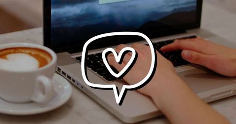 Typing with coffee and heart chat icon on laptop for remote work and online dating