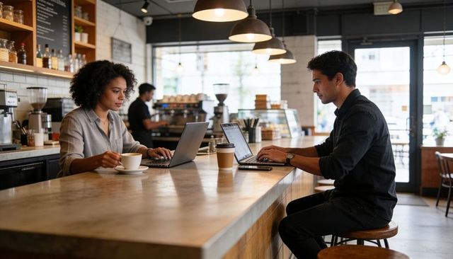 Young professionals typing on laptops at urban cafe counter, coworking remote work scene