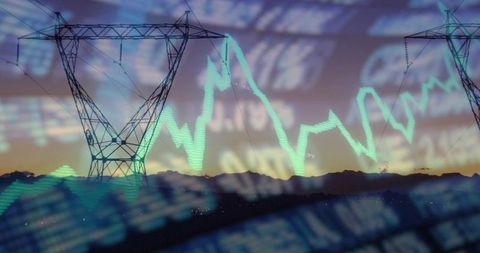 High-voltage transmission towers showing energy market graph overlay over twilight ridge