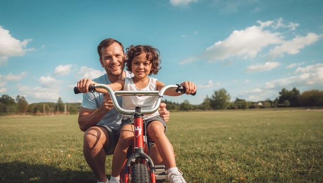 Teaching child to ride red bicycle in sunny park on open grassy field with father supporting and smi