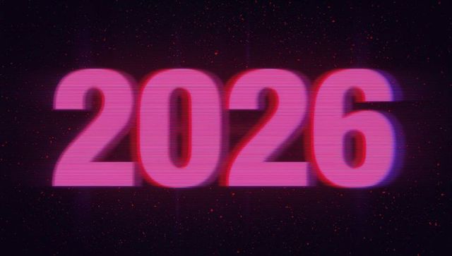 2026 neon numerals glowing with retro scanline glitch and chromatic edges on space dust