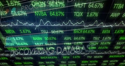 Streaming digital stock ticker on high-tech trading dashboard with green market metrics