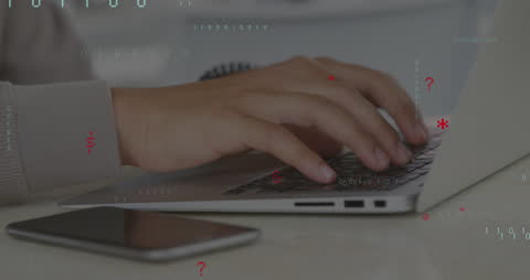 Hands Typing on Laptop with Data Overlay, Digital Business Concept