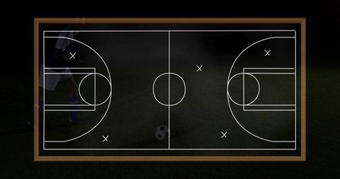 Displaying wooden tactical board on soccer turf with ball, x markers, player silhouette