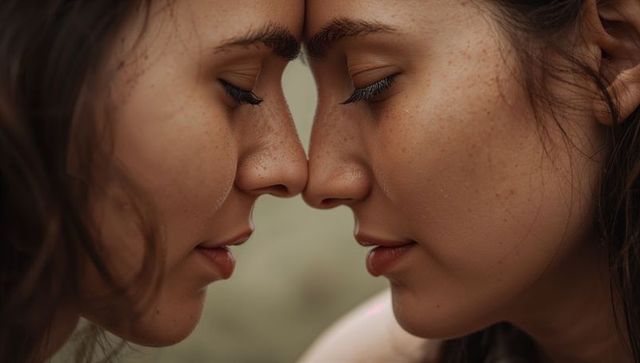 Closeup intimate forehead touch between two hispanic women with freckles and tear