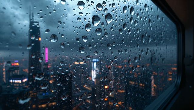 Rain-Dappled Window Refracting Neon City Lights Over Moody High-Rise Nightscape