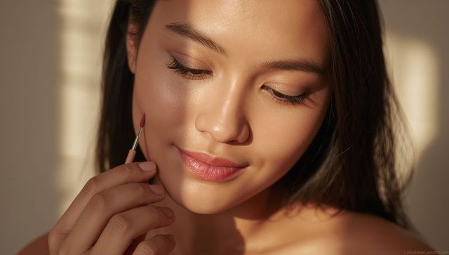 Asian woman applying lipstick by window in warm striped sunlight closeup beauty portrait