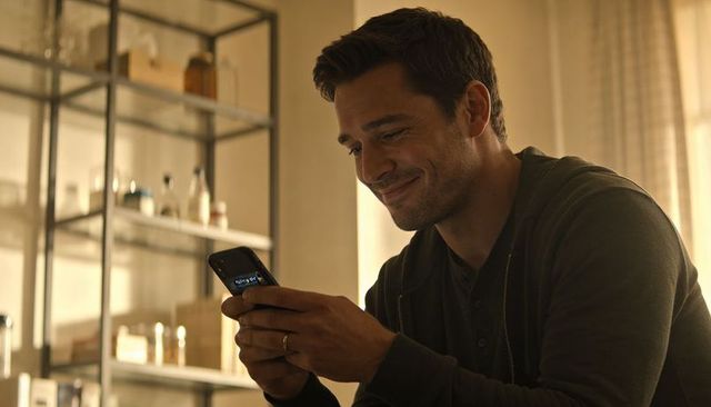 Man smiling while texting on smartphone in cozy home interior with metal shelving