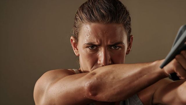 Female athlete pushing through intense resistance workout gripping handle, sweat and focus