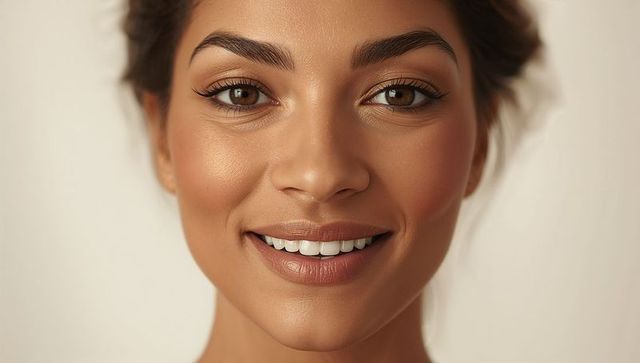 Closeup smiling woman with warm tan skin and natural makeup, flawless brows and lashes