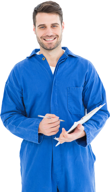 Transparent portrait of smiling male mechanic writing on clipboard - Download Free Stock Videos Pikwizard.com