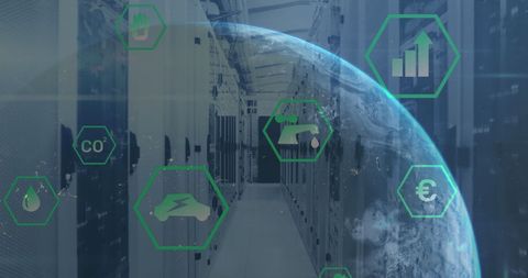 Sustainability Icons Superimposed Over Modern Data Center - Download Free Stock Images Pikwizard.com