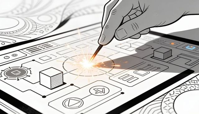 Stylus touch creating spark on digital wireframe interface with isometric cube