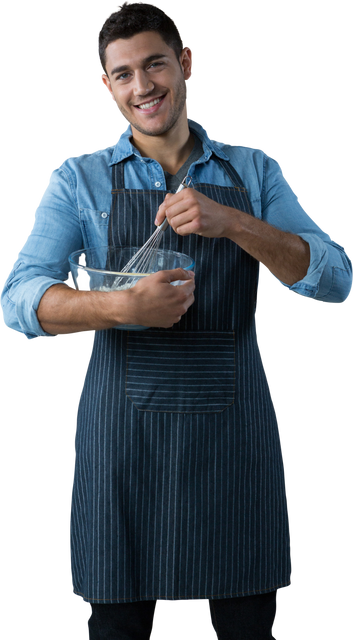 Smiling Man Wearing Blue Apron Whisking Ingredient in Bowl Transparent - Download Free Stock Videos Pikwizard.com