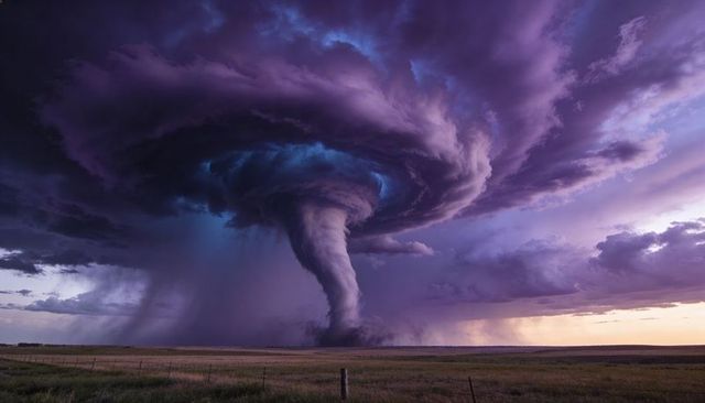 Majestic purple supercell tornado over prairie plains at sunset with rotating funnel