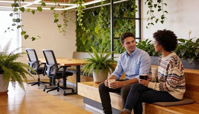 Colleagues enjoying coffee and conversation in biophilic coworking lounge with greenery