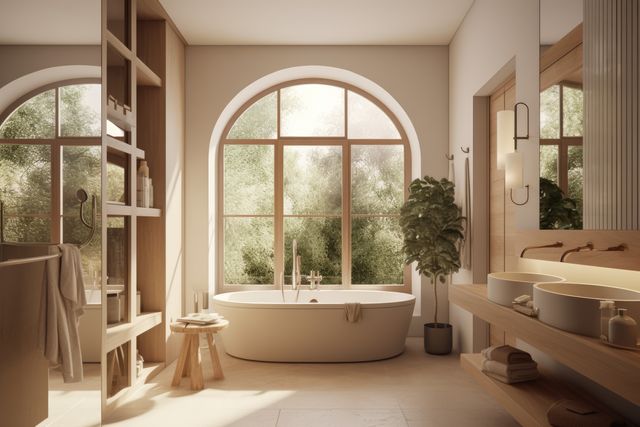 Image showcases a luxurious modern bathroom featuring a freestanding bathtub placed beside a large arched window. Natural light floods the space, highlighting the wooden furniture and minimalist design. An indoor plant adds a touch of greenery, creating a serene spa-like atmosphere.