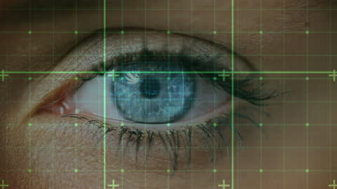 Digital Interface Examining Woman's Eye with Data Grid Overlay