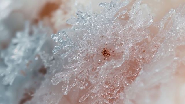 Macro ice crystal with frost patterns on peach background