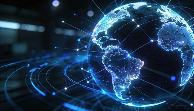 Connecting globe visualizing neon city lights and global data streams for network tech