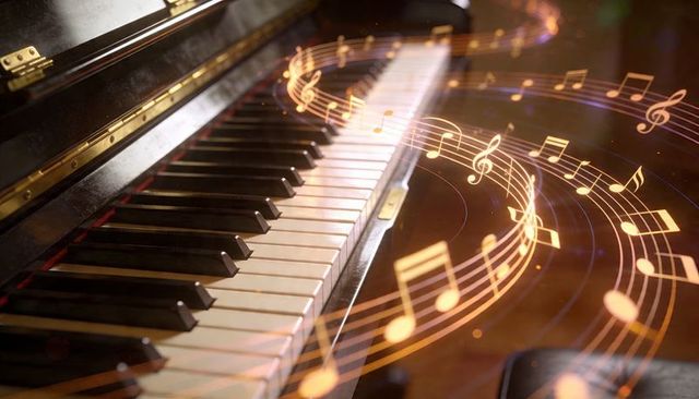 Glowing musical notation flowing over piano keyboard for music event banner