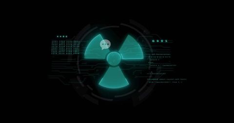 Pulsing trefoil radiation symbol glowing on neon teal cyber hud projecting holographic overlay