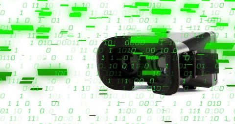 Surveillance camera with green binary code and cybersecurity theme
