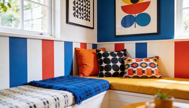 Cozy corner bench featuring mustard cushion, bold stripes and patterned throw pillows
