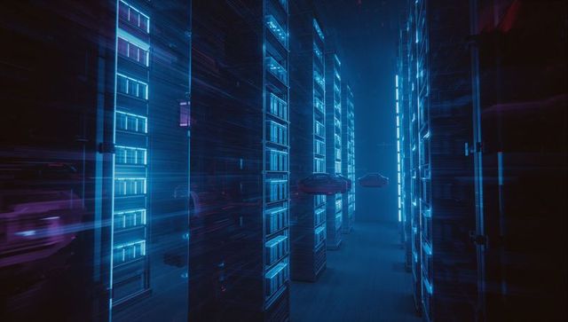 Futuristic digital particles flowing in high-tech data center corridor