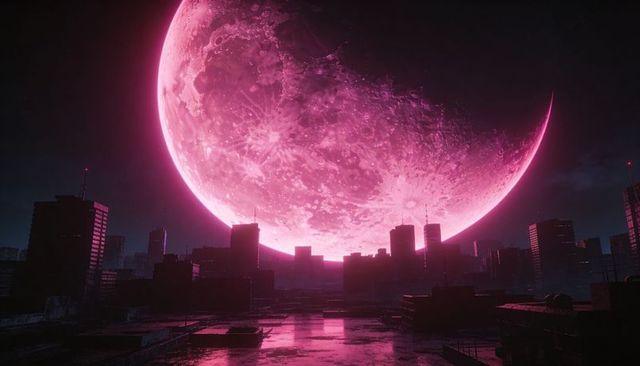 Magenta crescent moon over neon city skyline reflecting on rooftop puddles