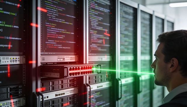 It technician monitoring server rack with laser diagnostics in modern data center aisle